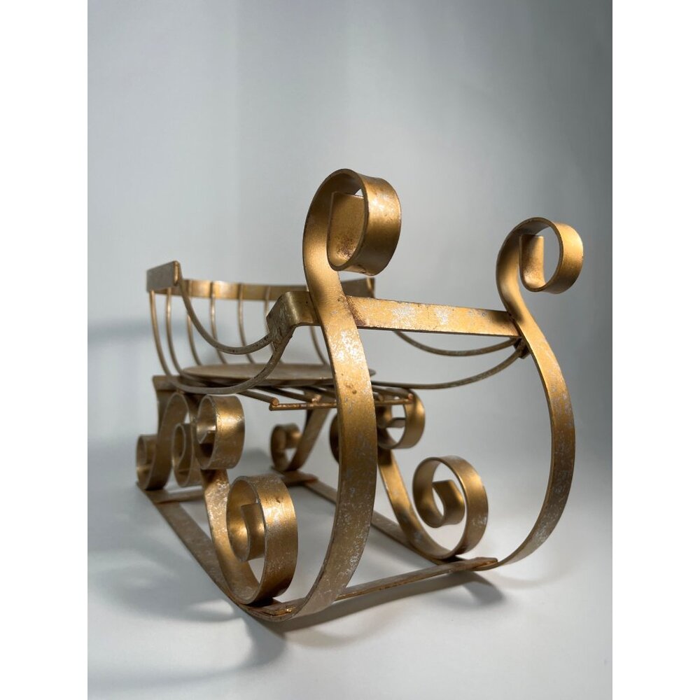 Vintage Metal Sleigh Sled Wire Faux Brass Candle Holder Christmas Decoration
